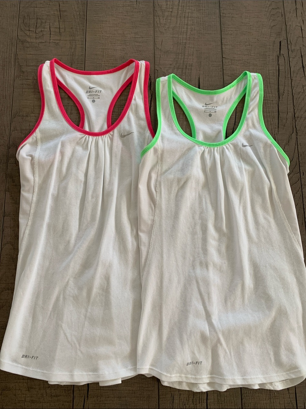 Nike White Dri-FIT Racerback Tanks with Pink & Green Trim